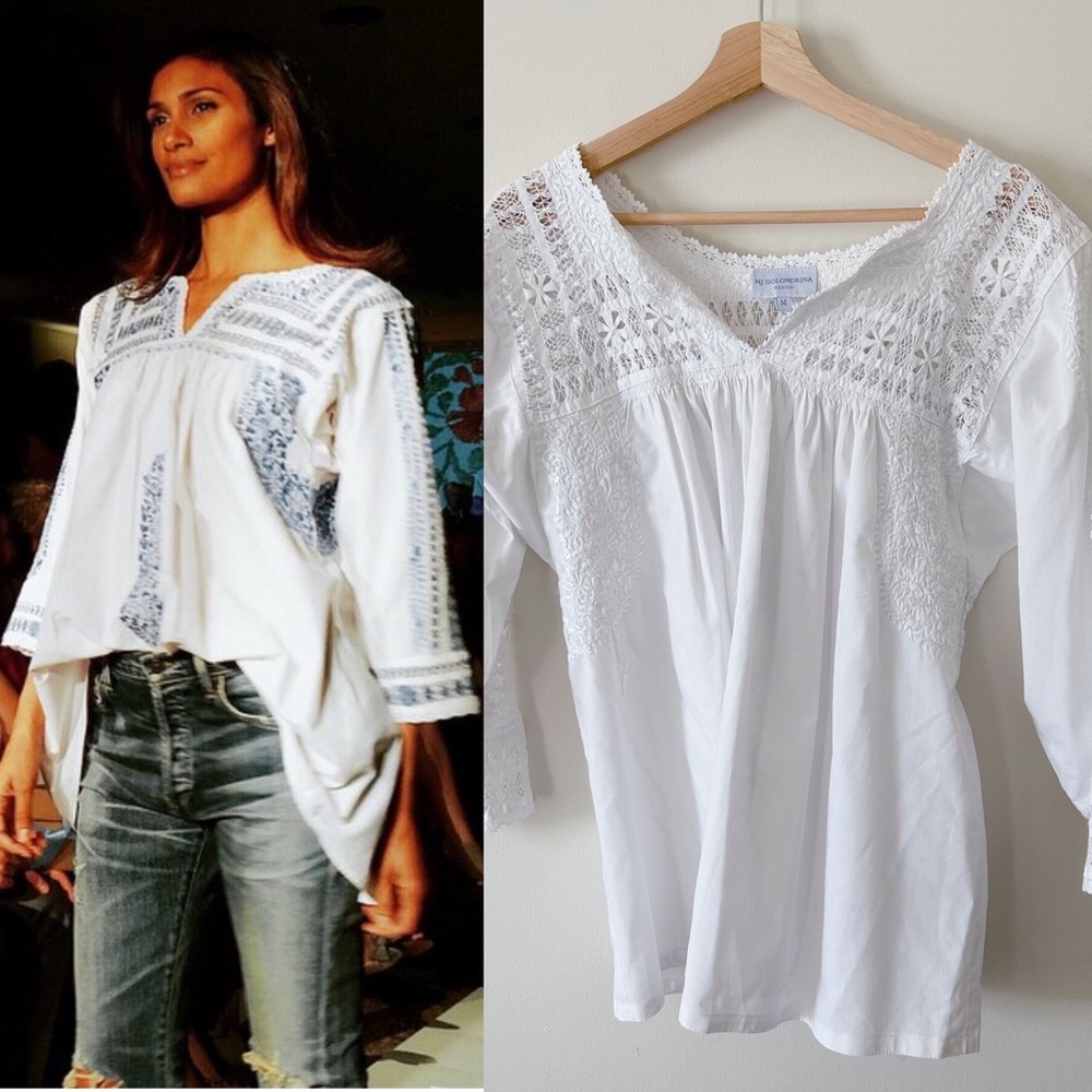 Rare Exquisite Mi Golondrina Handmade Embroidered + Lace White Blouse Sz M - Picture 2 of 8